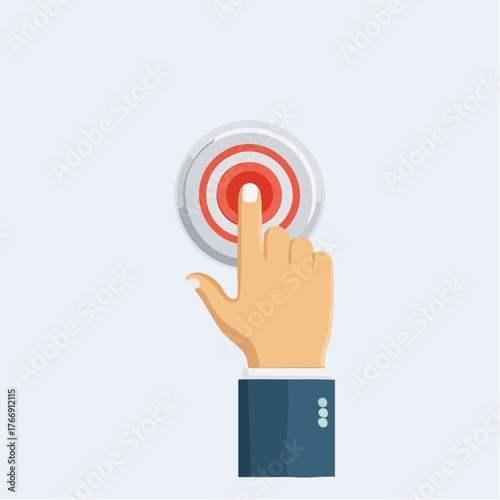 Hand pressing button vector icon in red outline on white background