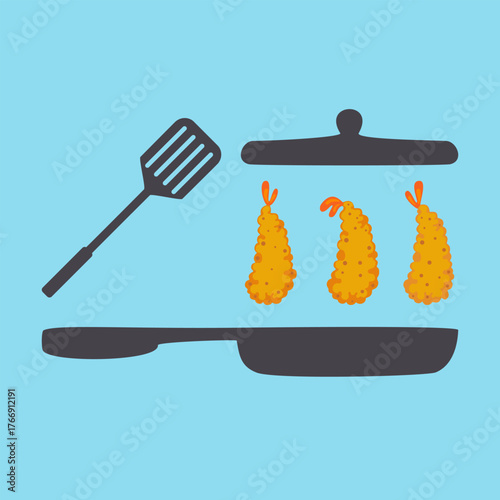 Cute vector illustration, Flat design of fried shrimp tempura with a frying pan, spatula, and lid on a blue background. Perfect for cooking, kitchen, and restaurant design themes.