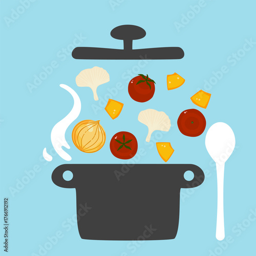 Colorful vector illustration of a cooking pot with vegetables, pasta, and steam on a blue background. Perfect for kitchen design, recipes, or flat design food theme, including a restaurant concept.