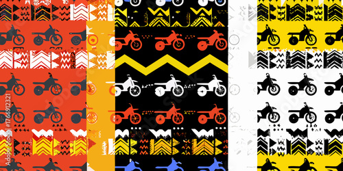 Vibrant seamless pattern featuring diverse motorcycle silhouettes and abstract geometric designs