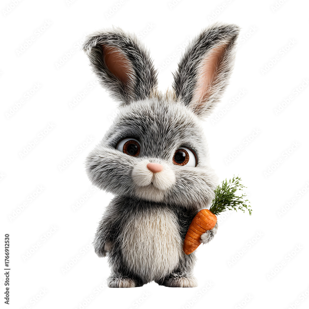 Obraz premium Adorable fluffy gray bunny rabbit holding a fresh carrot isolated on transparent background