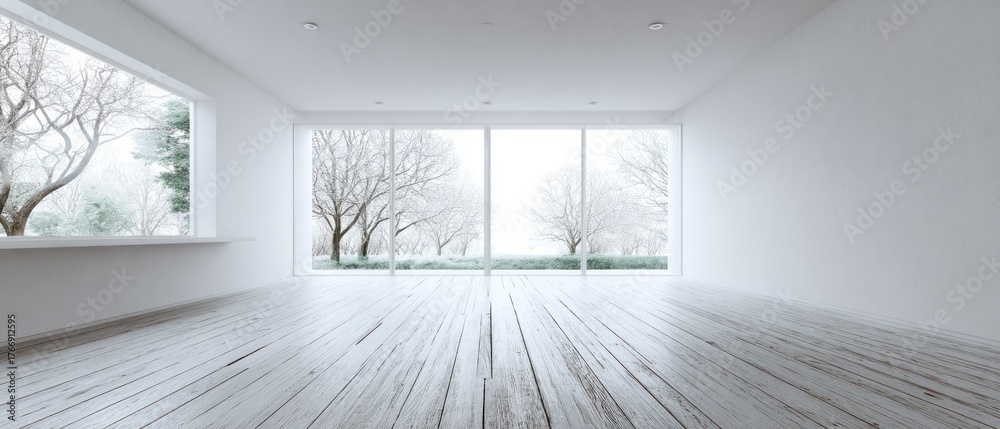 Fototapeta premium Minimalist Winter Scene: Empty Room with Large Windows, Snowy Trees, and White Interior.