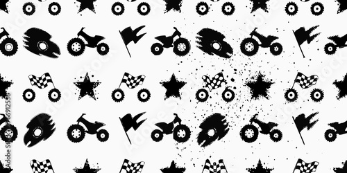 Seamless pattern of black silhouette quad bikes checkered flags and stars with paint splatters
