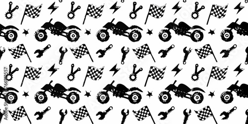 Seamless pattern of black silhouette quad bikes checkered flags wrenches and lightning bolts on white background