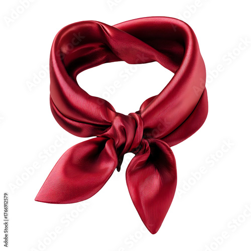 A single deep red satin bandana tied in a knot with flowing ends isolated on transparent background