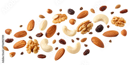 Dynamic Scatter of Mixed Nuts and Raisins on a Black Canvas almond almonds isolated on a transparent background