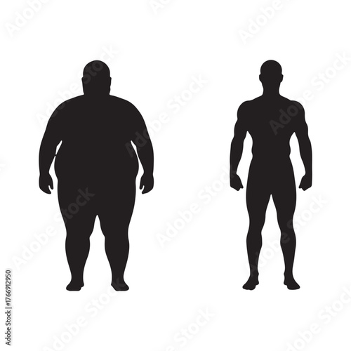 Overweight man and fit man silhouette vector flat illustration design on white background