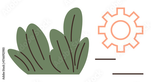 Leafy green bush paired with orange gear and minimal lines. Ideal for sustainability, technology, innovation, eco-friendliness, energy, development, balance. Simple flat metaphor