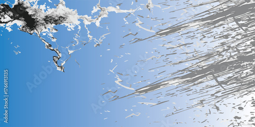 Abstract grayscale and blue ink splatter painting with textured brushstrokes.