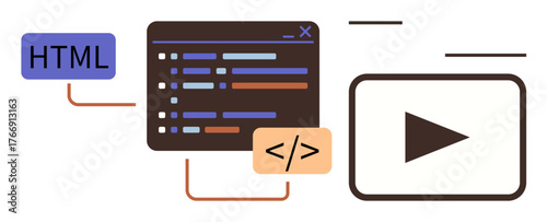 Coding screen with HTML and code snippet connected to video player. Ideal for web development, coding, multimedia, UIUX design, digital education, programming, technology visuals. Simple flat