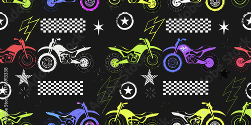 Vibrant motocross motorcycle pattern with racing elements and stars on black background