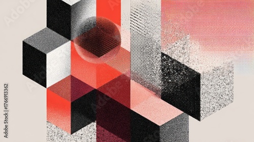 Dynamic Stippled Geometric Abstract: Isometric Cubes, Sphere, and Halftone Patterns