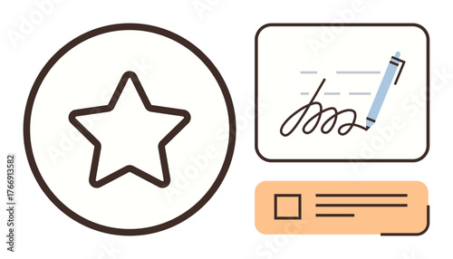 Star icon for evaluation, pen signing document, and form field. Ideal for performance, rating, approval, marking, authentication agreement branding. Minimalistic flat metaphor