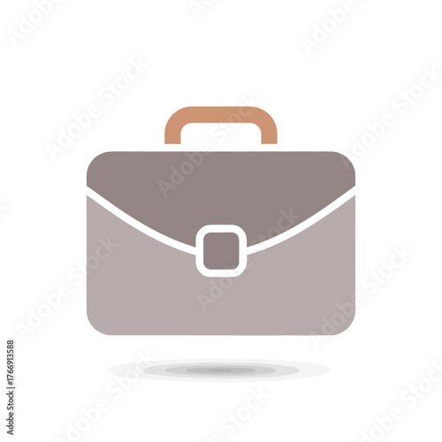 A minimalist illustration of a gray briefcase with a brown handle and a white clasp.