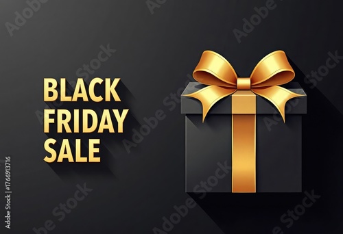 Vector illustration of black gift box with shiny golden ribbon and bow beside elegant gold Black Friday Sale text on dark background with large copy space, ideal for luxury ads, banners, promotions. 