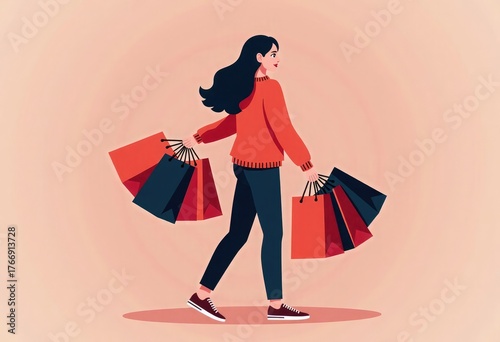 Vector illustration of young woman holding many shopping bags during Black Friday sale, stylish red and black color palette on beige background with copy space, for ads, posters, marketing design, app