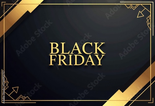 Vector abstract background with golden geometric lines and elegant frame around gold Black Friday text on black background with large copy space, luxury modern design, for advertising, banners, sales
