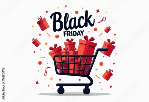 Vector illustration of shopping cart filled with red gift boxes and bold black Black Friday text on white background with copy space, for sale banners, posters, advertising, holiday marketing design 
