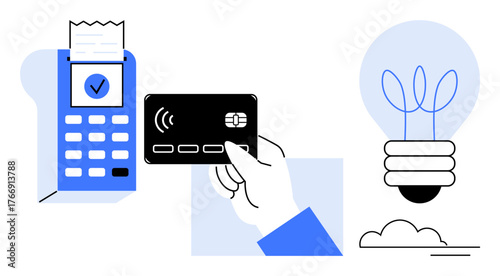 Credit card and payment terminal connected via NFC technology. Spark lightbulb symbolizing innovation, eco-consciousness, and technology. Ideal for finance, retail, innovation, sustainability, modern