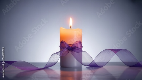 A single burning candle with a purple ribbon on a reflective surface. Concept of remembrance, hope, and spirituality with copy space