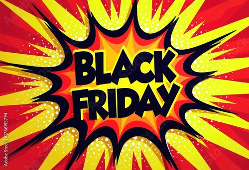 Vector illustration of Black Friday explosion in pop art comic style with dynamic rays, vibrant red, yellow, and black color palette, ideal for sale banners, posters, advertising, marketing promotions