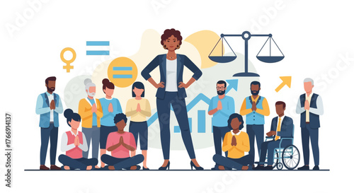 Vector Illustration of Diverse Business People and Advocacy Symbols in Modern Flat Style