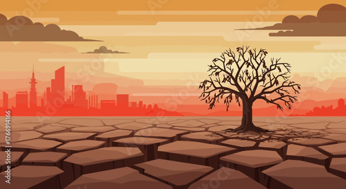 Minimalist Vector Landscape Scene with Dead Tree and Cracked Earth in Warm Sunset Colors in Artistic Style