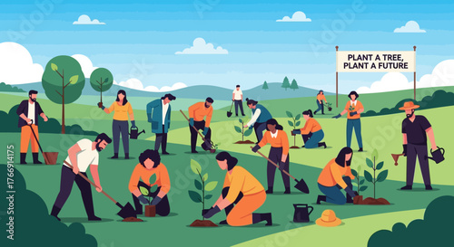Vector Illustration of Community Tree Planting Scene in Modern Flat Style with Green Trees and People