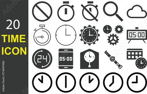 20 Essential Time Management Icons: Line Art Clock, Schedule, and Hourglass Vector Graphics