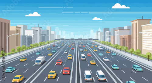 Urban Landscape Vector Illustration with Colorful Cars and Modern Cityscape