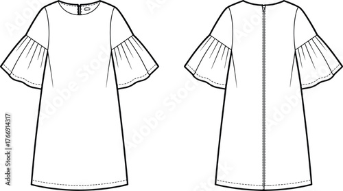 Technical dress sketch, A-line silhouette, ruffled short sleeves, round neckline, keyhole back, fashion flat, garment design, pattern template, apparel illustration