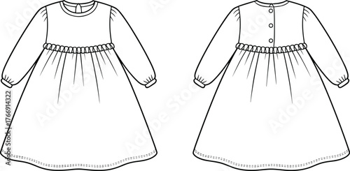 Technical dress sketch, gathered waistline, pleated neckline, long sleeves, button back closure, fashion flat, garment design, pattern template, apparel illustration