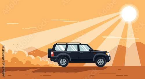 Vector Illustration of Off-Road SUV in Desert Scene with Sun Rays in Modern Minimalist Style