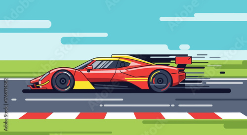 Vector Illustration of Race Car in Modern Geometric Style with Bold Red and Yellow Colors