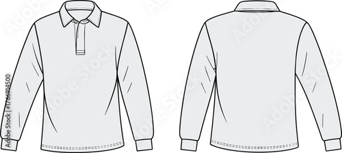 Technical polo shirt sketch, long sleeves, button placket, classic collar, cuffed sleeves, fashion flat, garment design, apparel illustration, clothing template