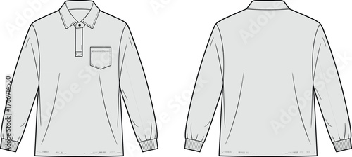 Technical polo shirt sketch, long sleeves, chest pocket, button placket, ribbed cuffs, fashion flat, garment design, apparel illustration, clothing template