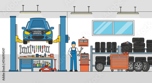Vector Illustration of Car Repair Garage Scene with Automotive Equipment and Technician in Modern Style