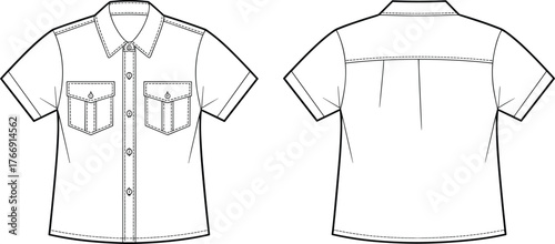 Technical shirt sketch, short sleeves, button-up front, flap pockets, pointed collar, fashion flat, garment design, pattern template, apparel illustration