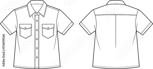 Technical shirt sketch, short sleeves, flap pockets, pointed collar, button front closure, fashion flat, garment design, pattern template, apparel illustration