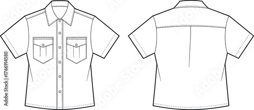 Technical shirt sketch, short sleeves, flap pockets, pointed collar, button front closure, fashion flat, garment design, pattern template, apparel illustration
