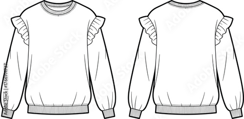 Technical sweatshirt sketch, ruffle shoulder detail, crew neckline, ribbed cuffs and hem, fashion flat, garment design, pattern template, apparel illustration