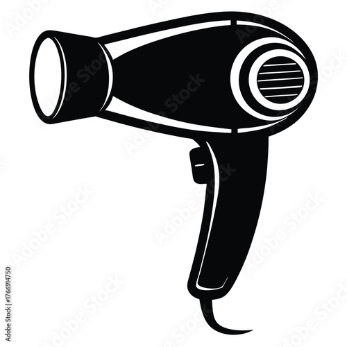 Black and white monochrome icon of a handheld hair dryer with a curved cord
