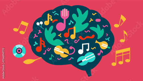 A brain with various music genres and songs flowing through it depicting the diverse and individualized nature of personalized music playlists.. Vector illustration