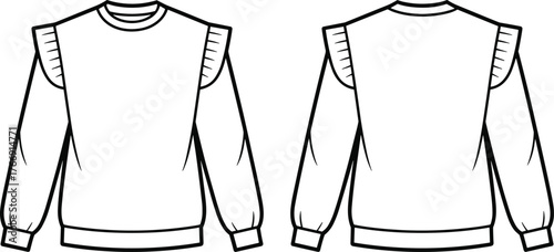 Technical top sketch, pleated shoulder detail, puff sleeves, crew neckline, ribbed cuffs and hem, fashion flat, garment design, apparel illustration