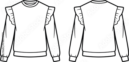 Technical top sketch, ruffle side detail, crew neckline, ribbed cuffs and hem, fashion flat, garment design, pattern template, apparel illustration