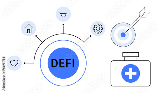 Circular DeFi diagram with icons for healthcare, target achievement, home, e-commerce, and automation. Ideal for finance, technology, innovation, healthcare productivity blockchain decentralized