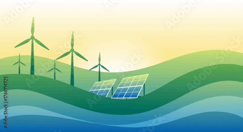 Minimalist Vector Illustration of Wind Turbines and Solar Panels in Green Landscape in Eco-Friendly Style