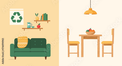 Vector Illustration of Cozy Living Room and Dining Area in Modern Flat Style with Warm Earth Tones