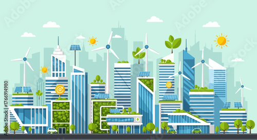 Modern Vector Cityscape Illustration with Green Buildings and Renewable Energy Elements in Eco-Friendly Style
