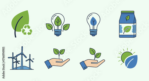 Minimalist Vector Eco Energy Icons Collection Featuring Light Bulb Plant Symbols and Wind Turbines in Green and Blue Colors
